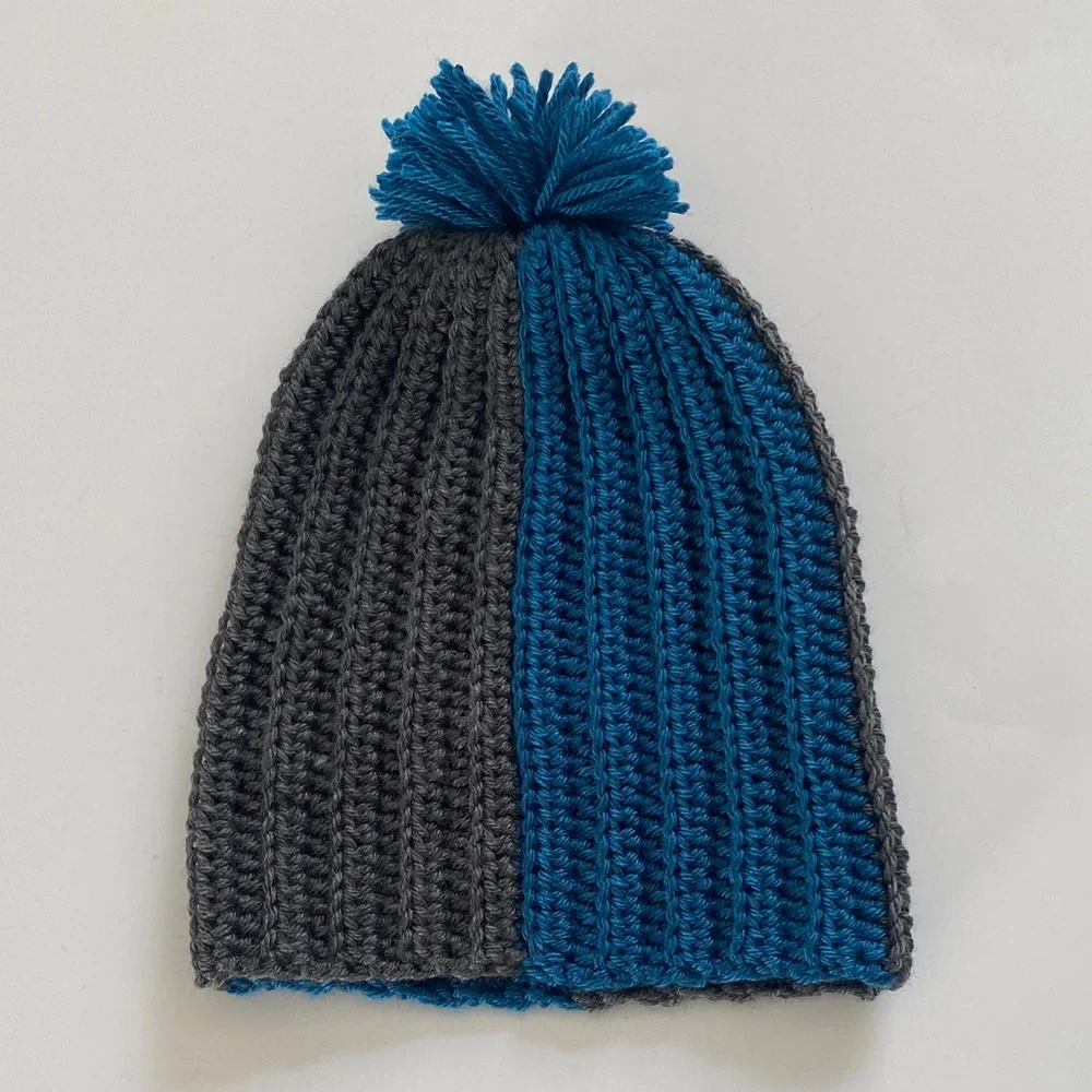 Handmade Blue and Gray Kids Pom-Pom Crocheted Beanie
